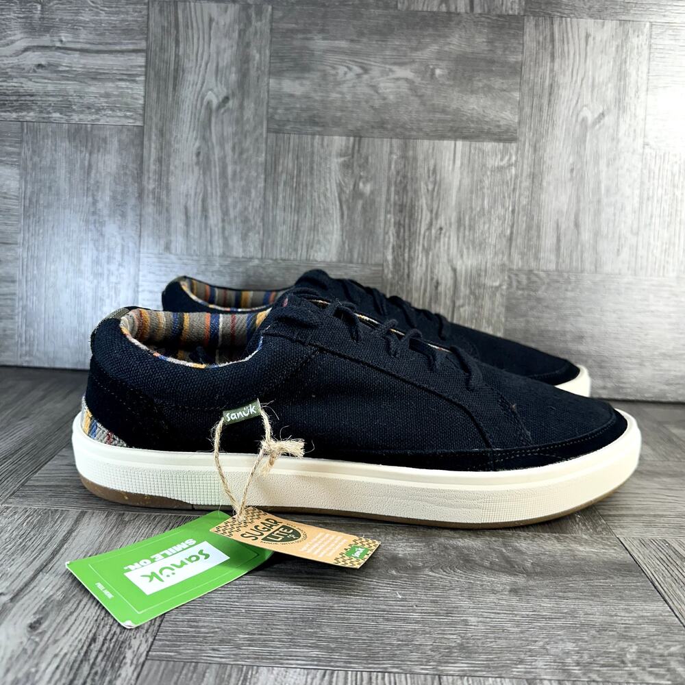 Sanuk Street Seeker Lite Mens 12 Sneakers Black Canvas SugarLite 1144930 BLK